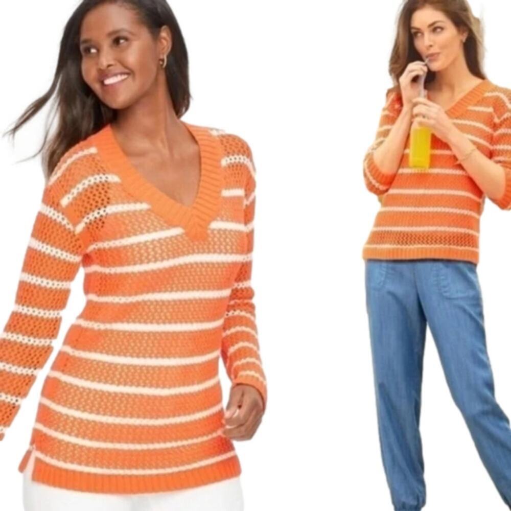 Talbot's Pull Over‎ Open Weave Striped Cotton Sweater Side slits Orange plus 2X